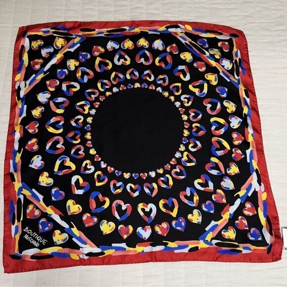 MOSCHINO Red Multicolored Hearts Silk Square Scarf - Picture 4 of 8